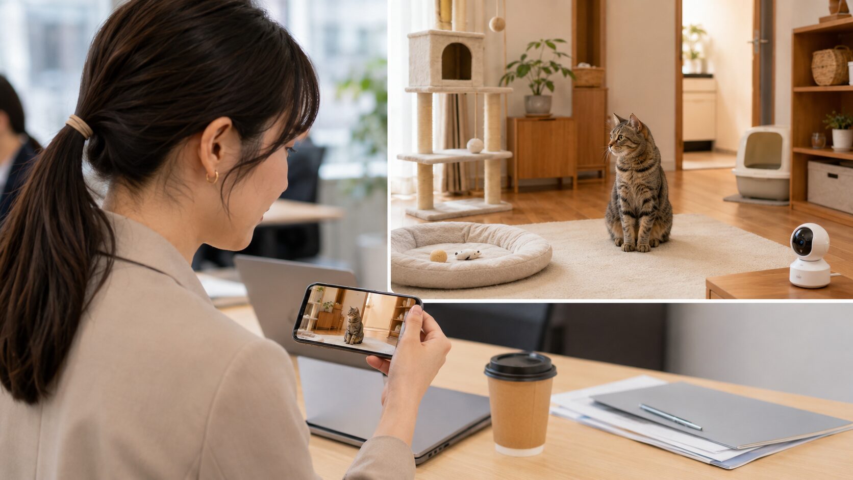 共働き家庭でペットカメラを使い猫の留守番を見守る様子