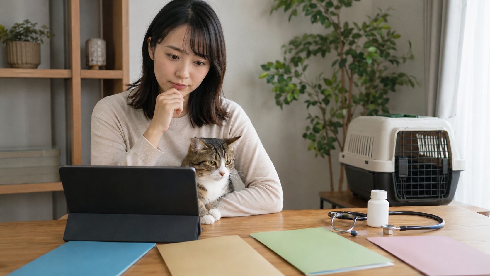 猫と一緒にペット保険を比較する日本人女性