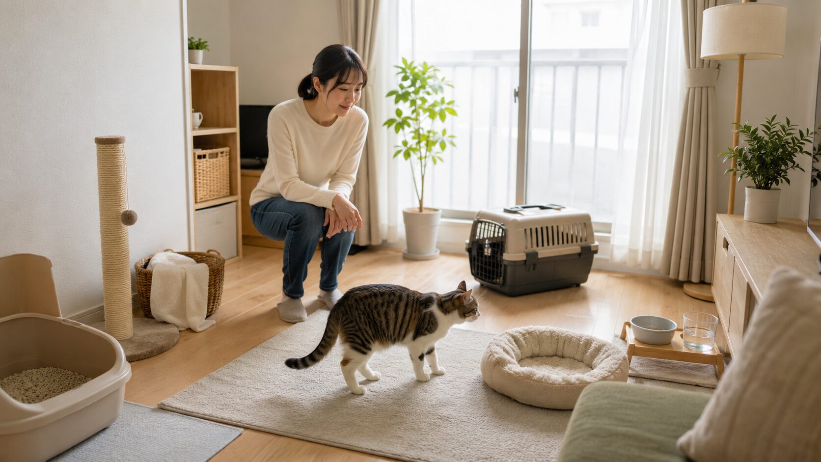 賃貸の室内で猫の留守番に備えてベッドや水皿やトイレを整える様子