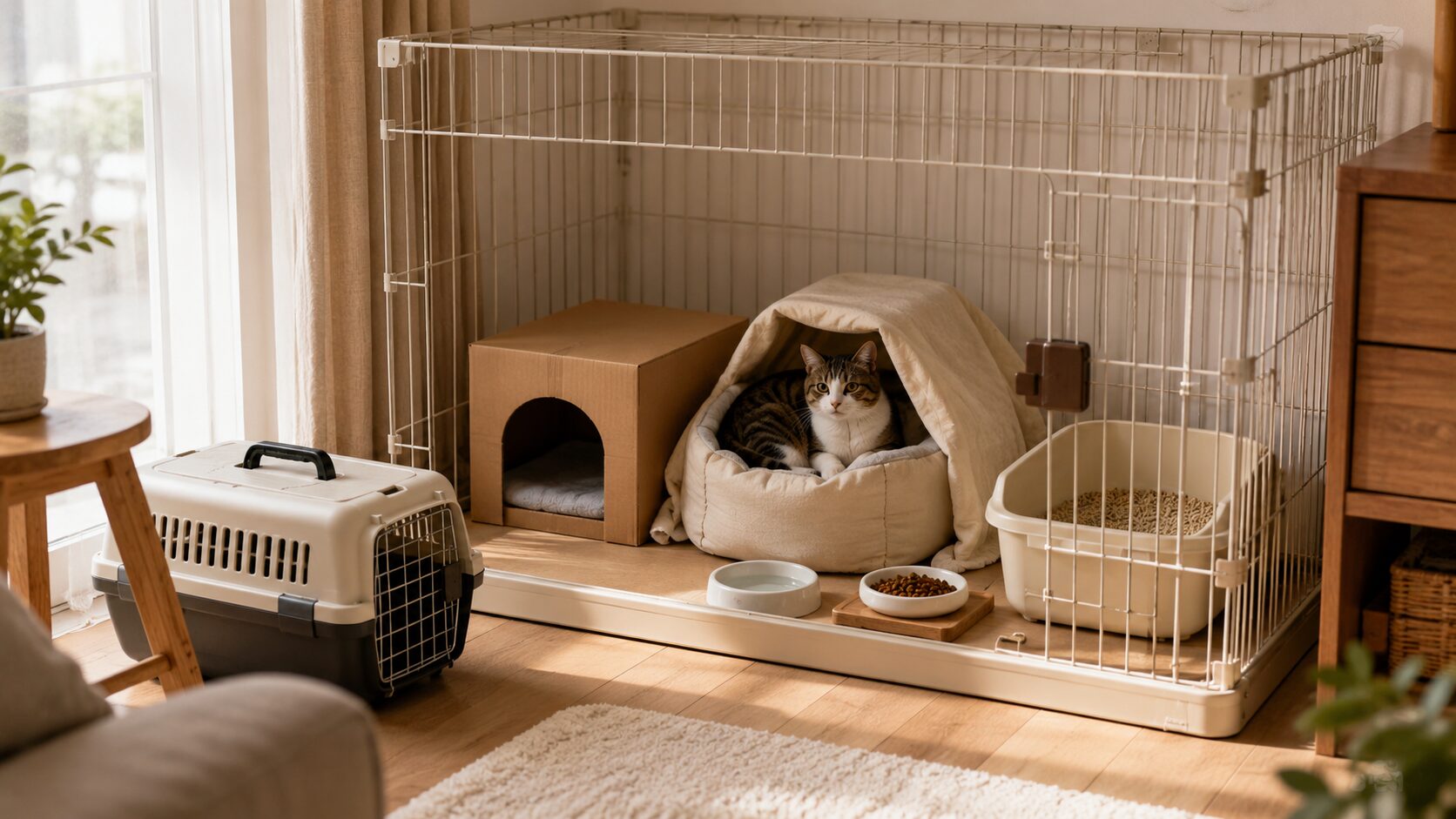 猫を迎えた後の安全基地として整えたケージと隠れ家、トイレや水を配置した室内