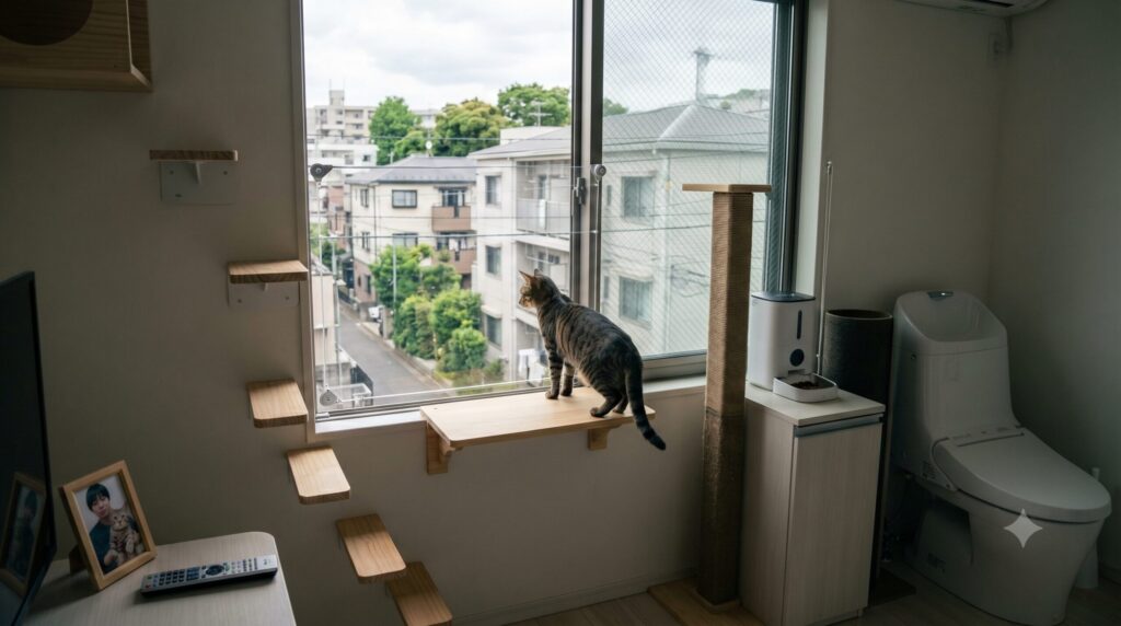 一人暮らしのワンルームで猫が安全に暮らせるよう、キャットタワー、自動給餌器、脱走防止ネット、危険物収納を整えた室内環境