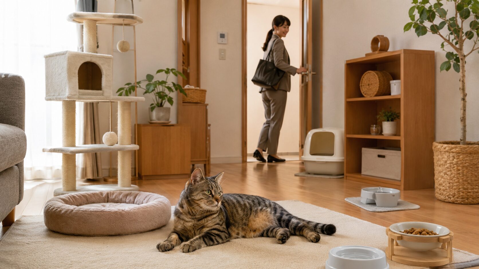 日本人女性が外出しようとしている明るいリビングで、猫が落ち着いてくつろいでいる様子。キャットタワー、トイレ、水、ごはん、猫ベッドが整えられており、仕事中の留守番前の住まい環境が伝わる画像。