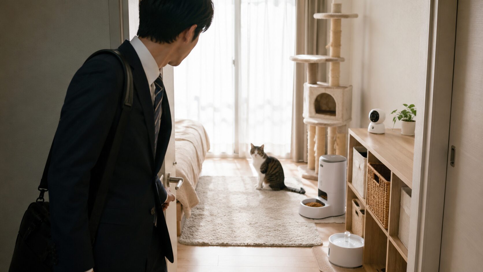 日本人男性が仕事に出かける前に、ワンルームの室内にいる猫を見守っている様子。部屋には自動給餌器、給水器、見守りカメラ、キャットタワーがあり、一人暮らしの留守番対策が伝わる画像。