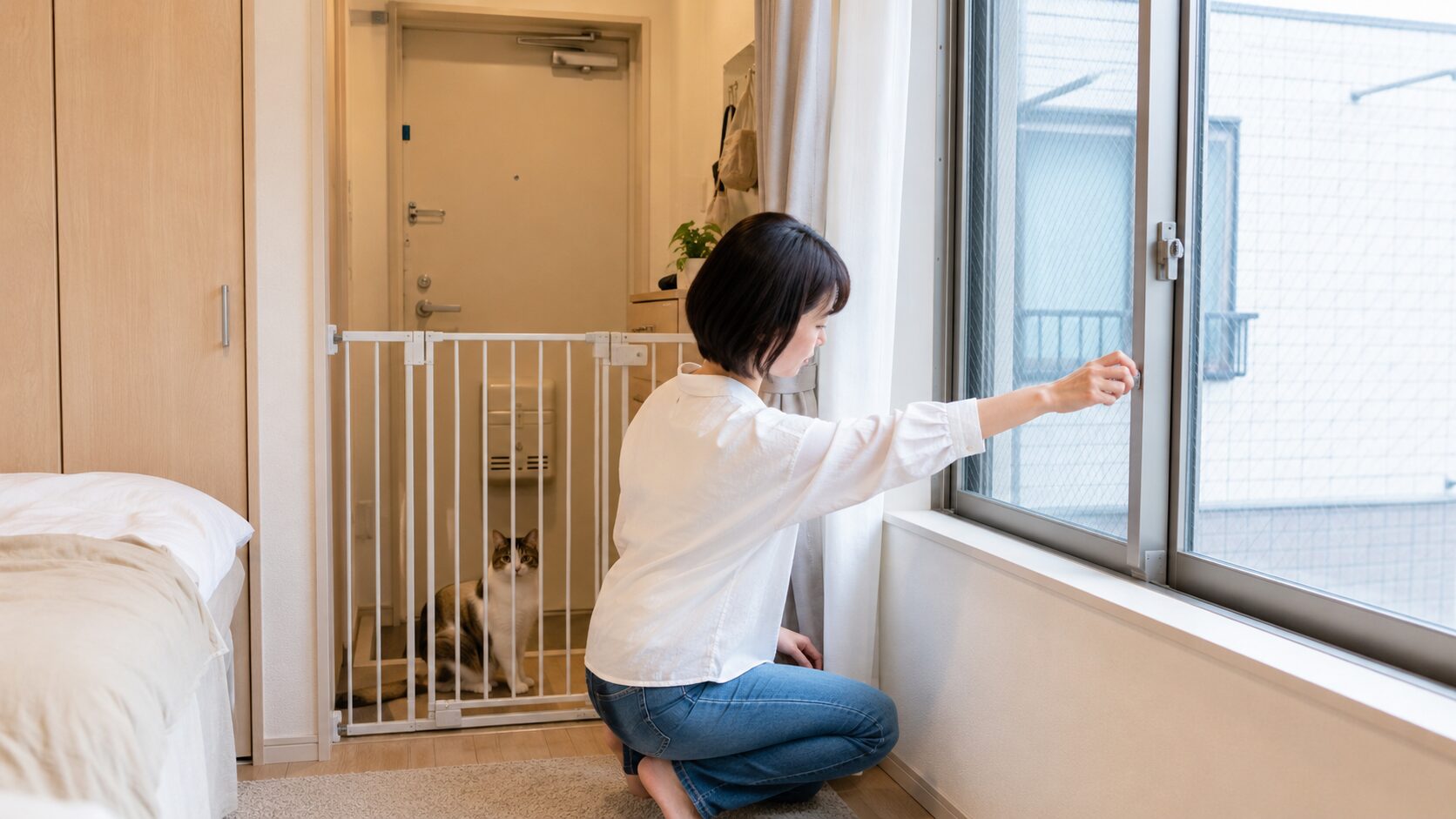 ワンルームの玄関ゲートと窓ロックで猫の脱走防止対策をする様子