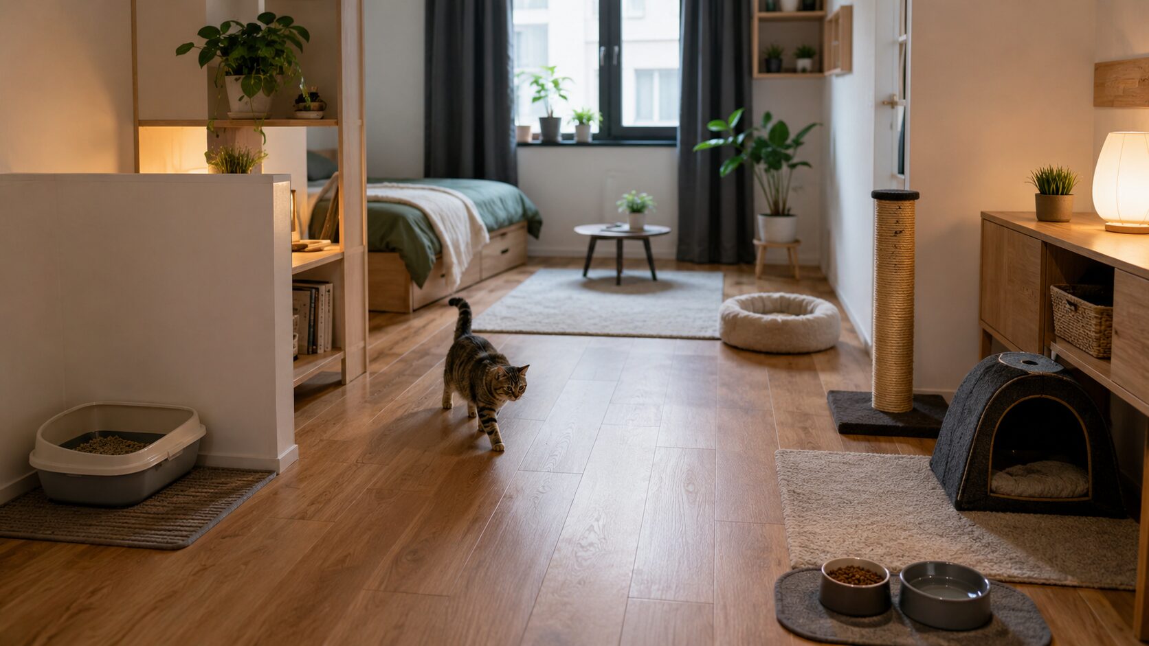 ワンルームで猫トイレと食器を離して配置した快適な猫の生活スペース