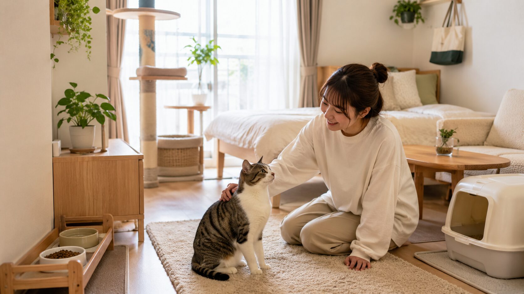 ワンルームで猫と暮らすためにキャットタワーや食器、トイレを整えた明るい部屋で猫と過ごす女性