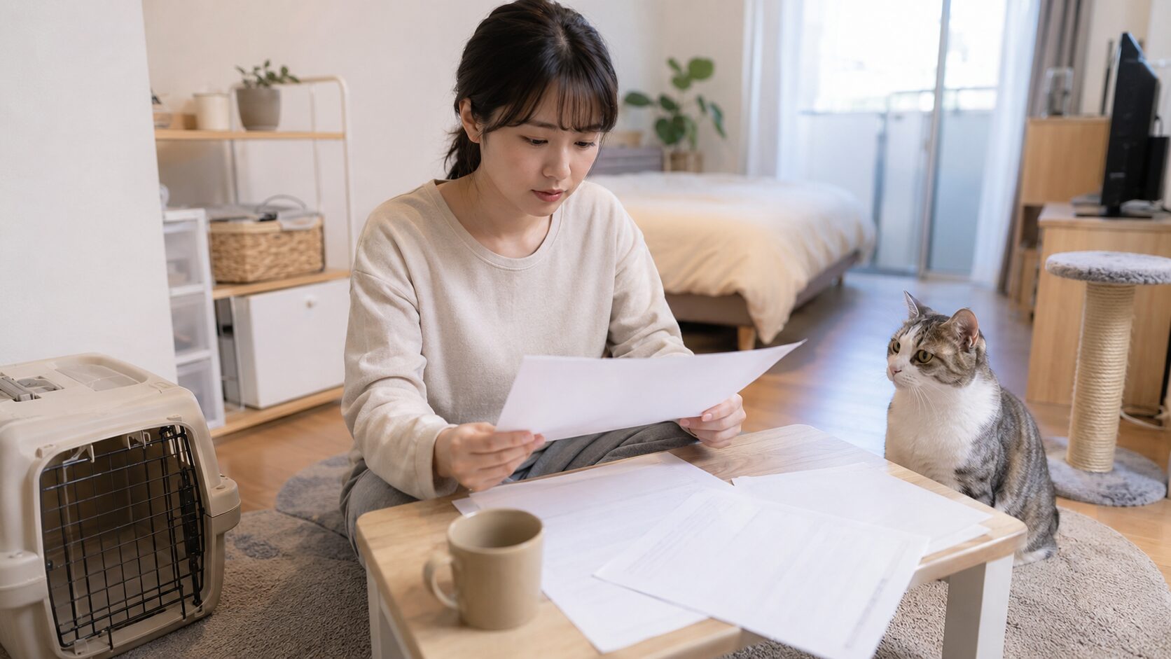 ワンルームで猫を飼う前に賃貸契約や猫可条件を確認する日本人女性と猫