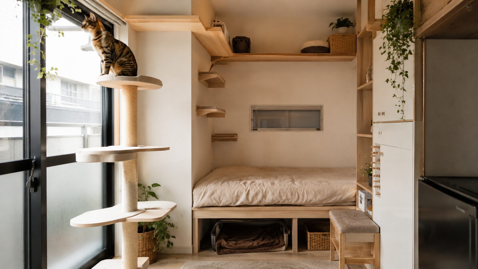 狭いワンルームでキャットタワーと棚を使い猫の上下運動スペースを作る部屋