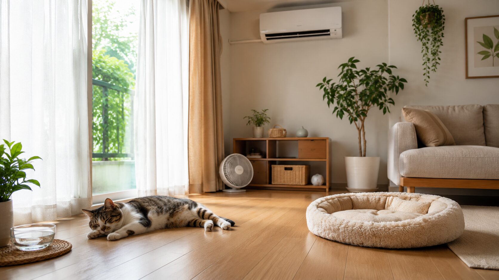 夏の留守番中にエアコンで室温管理されたリビングで猫が涼しい床に横たわる様子
