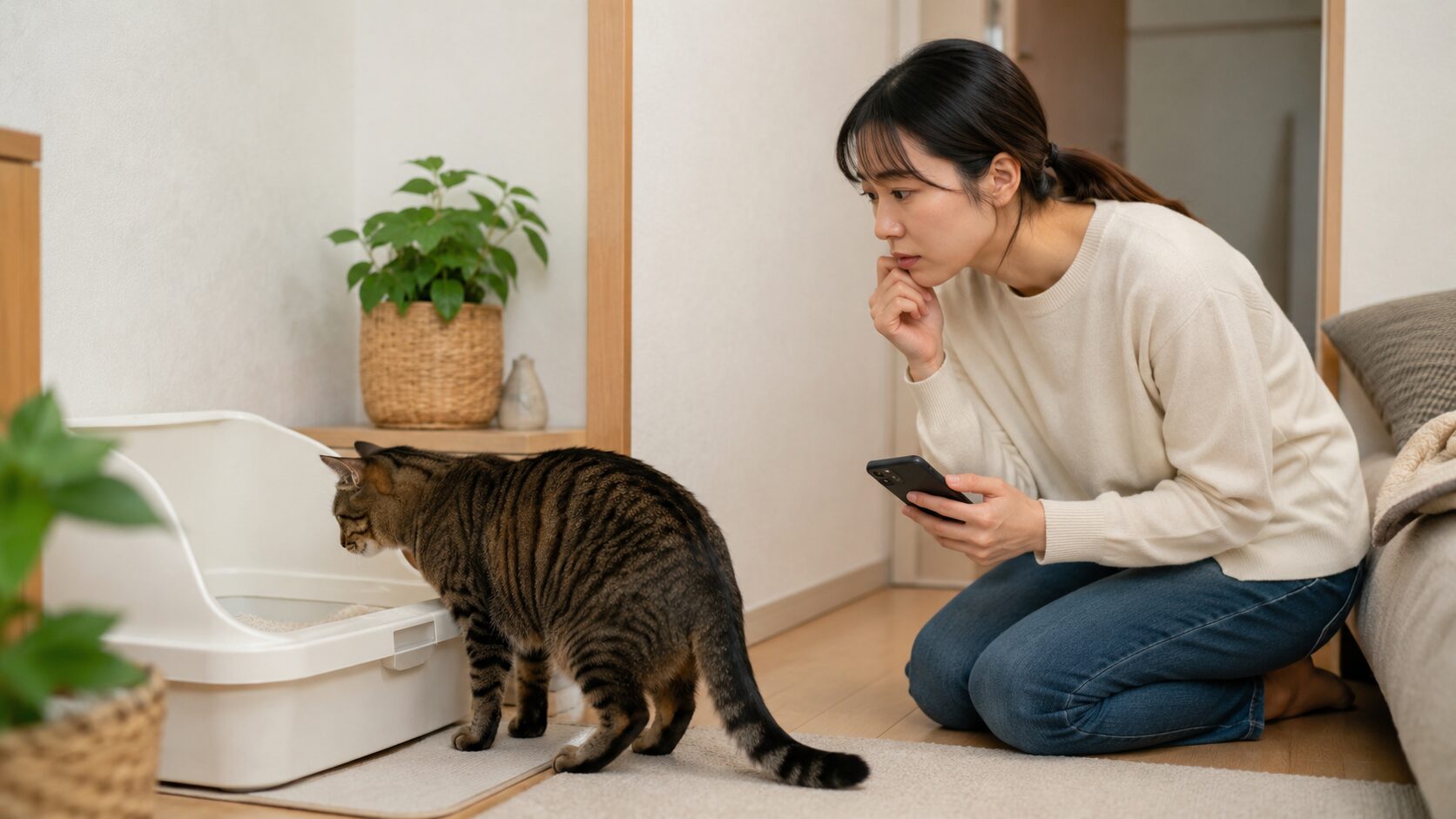 トイレ前の猫を心配そうに見守り病院相談を考える日本人女性