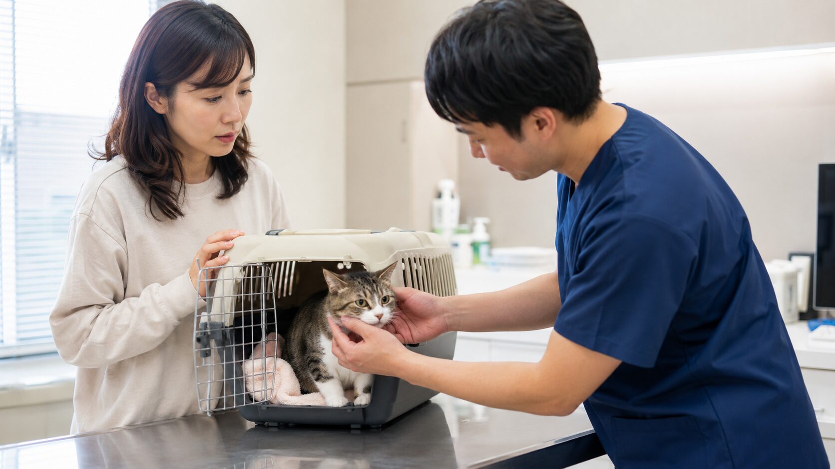 猫を迎えて1週間以内の異変で動物病院に相談し、獣医師が猫を診察する様子
