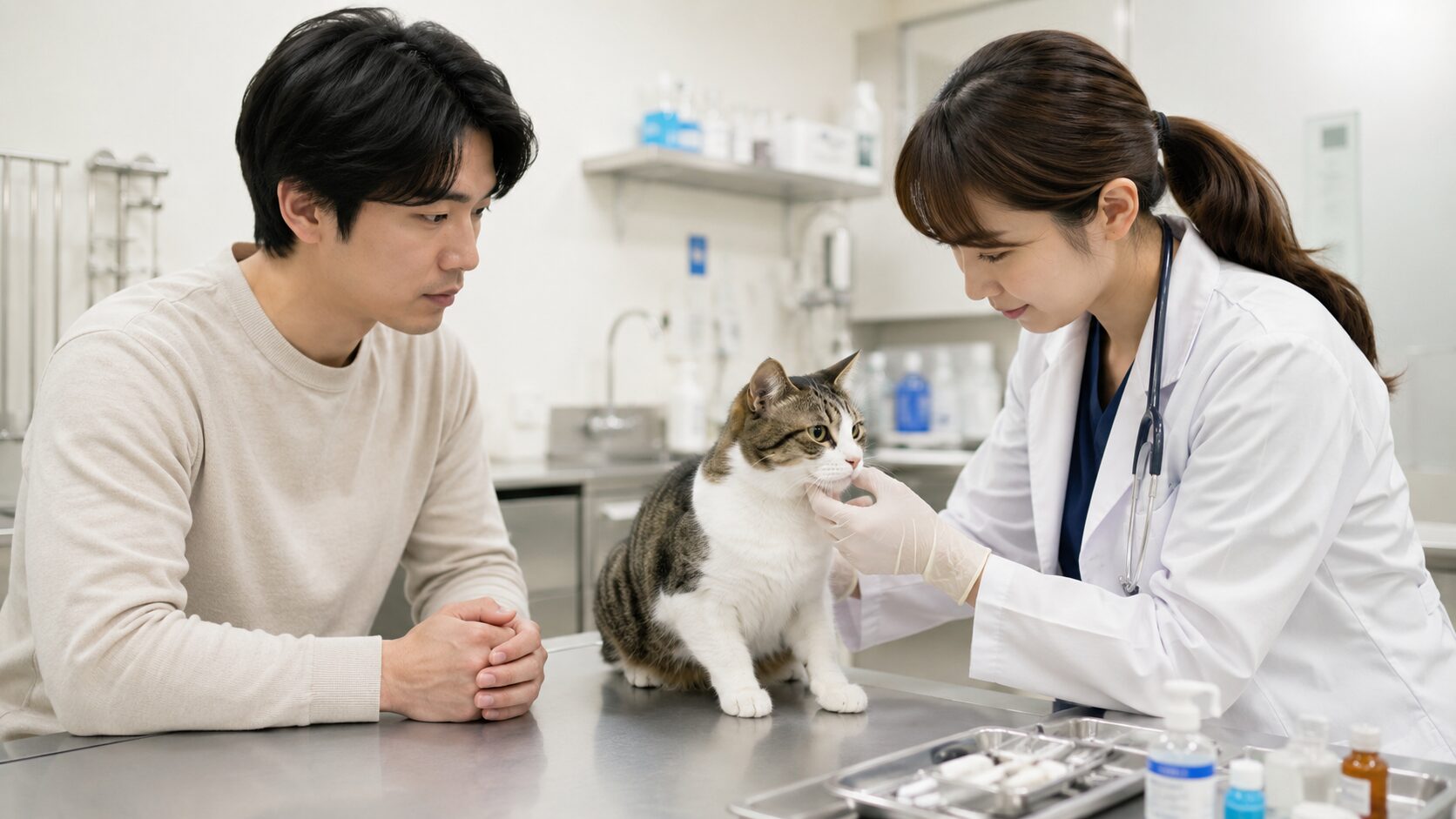 動物病院で獣医師の診察を受ける猫と、医療費や健康管理を考える日本人の飼い主