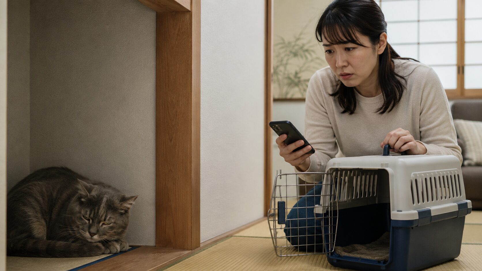 ぐったりした猫を心配し、キャリーとスマホを準備して動物病院へ相談する日本人女性