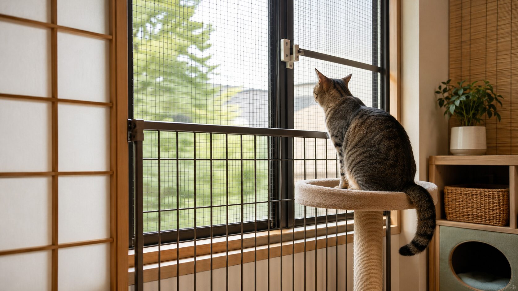 猫の窓脱走防止として網戸ロックと窓前フェンスを設置した安全な窓辺