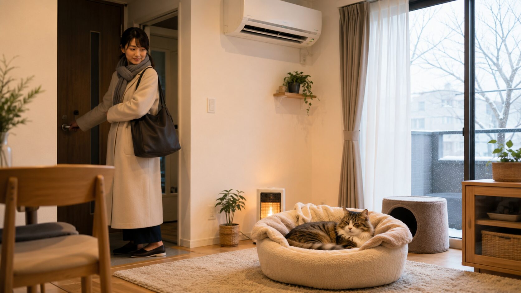 冬の室内で暖房を使いながら猫が暖かいベッドでくつろぐ留守番前の様子