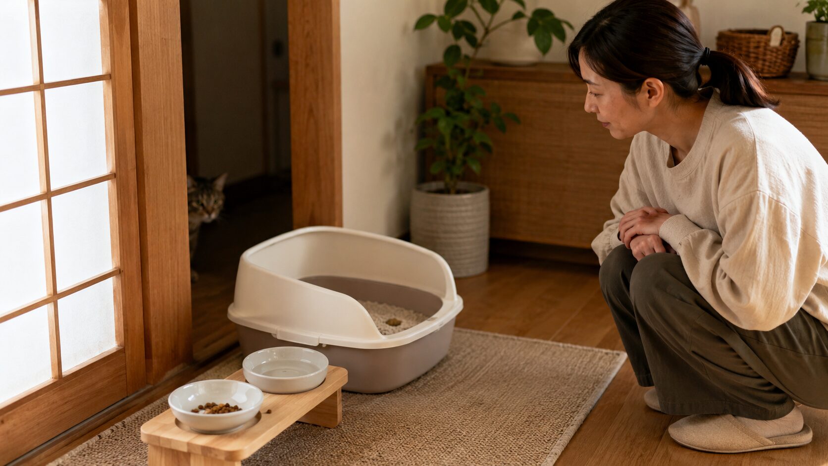 隠れている猫の近くで食事・水・トイレの跡を静かに確認する日本人女性