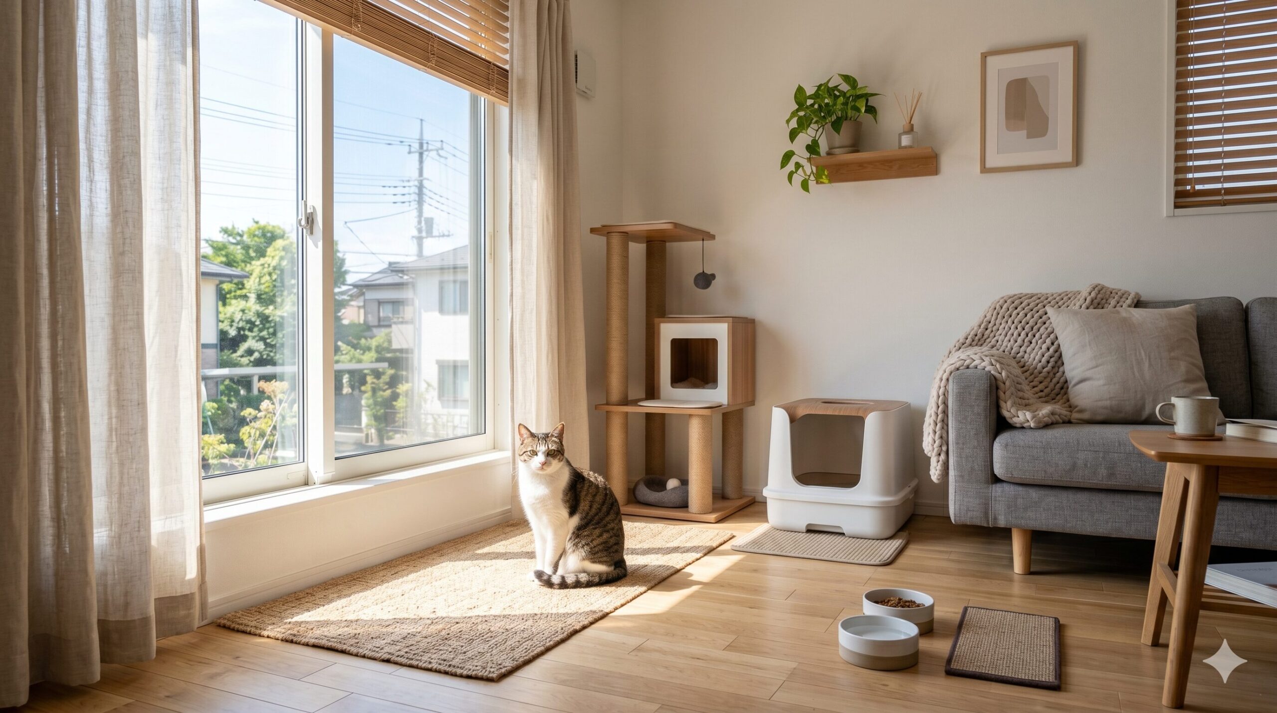 明るく清潔な日本のミニマリスト風ワンルーム。窓から差し込む暖かい日光のなか、床のラグの上にちょこんと座る可愛い猫。背景にはすっきりとしたキャットタワーや猫用トイレ、グレーのソファが配置された、平和で心地よい部屋の風景。