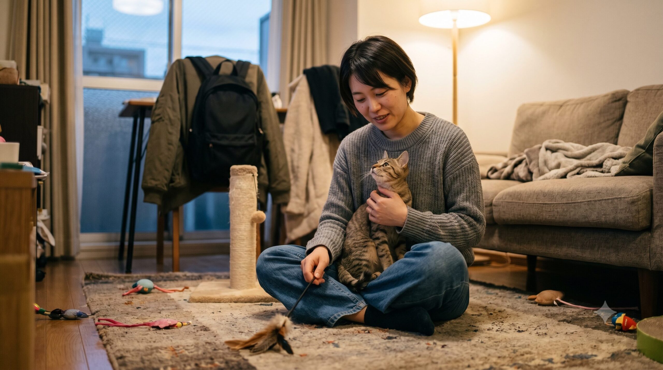 一人暮らしの部屋で猫と暮らす生活を考える女性と猫、キャリーや食器などの猫用品