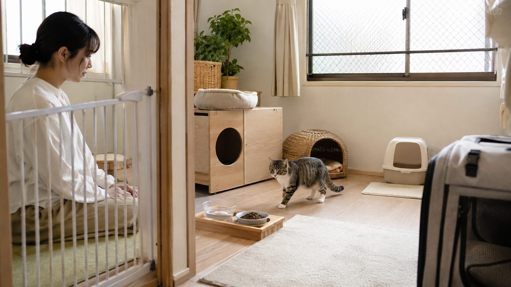 室内飼育の保護猫が安全に過ごせるよう、玄関ゲートや窓対策を整えた部屋で見守る日本人女性