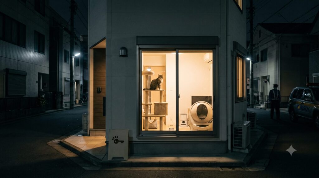 夜間の一人暮らし向けアパートで、自動給餌器やキャットタワーが設置された室内でくつろぐ猫と、IoT機器で守られた留守番環境