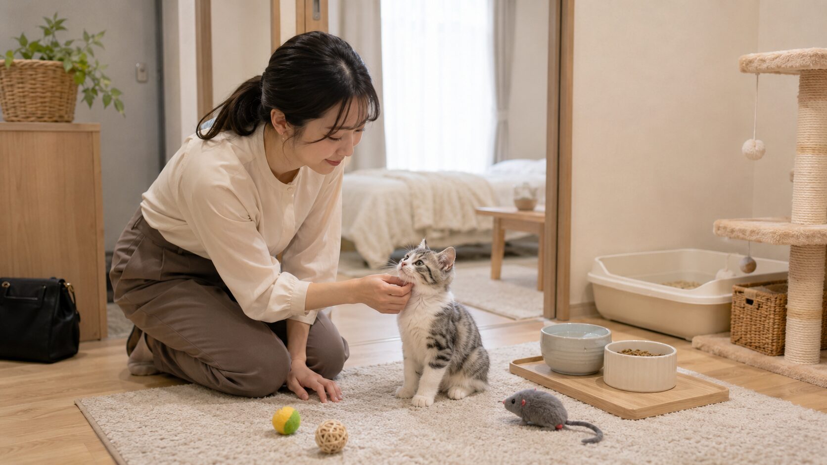 帰宅後に子猫の体調や食欲を確認する飼い主と安全な留守番環境
