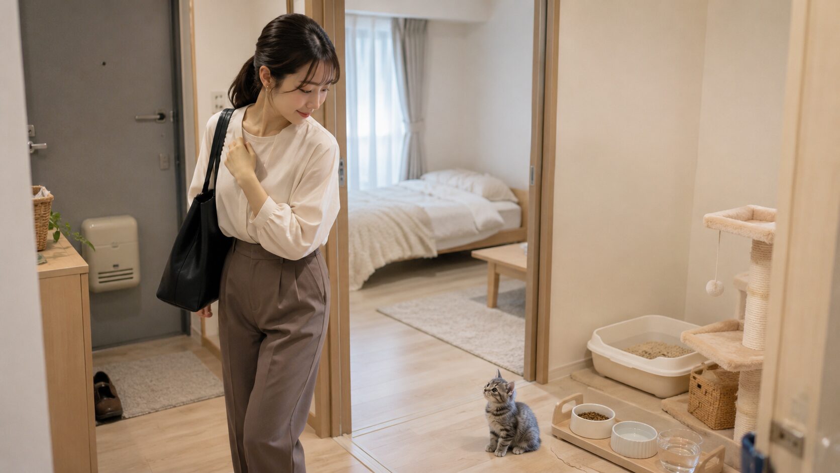 仕事前に子猫のごはん・水・トイレを確認する一人暮らしの飼い主