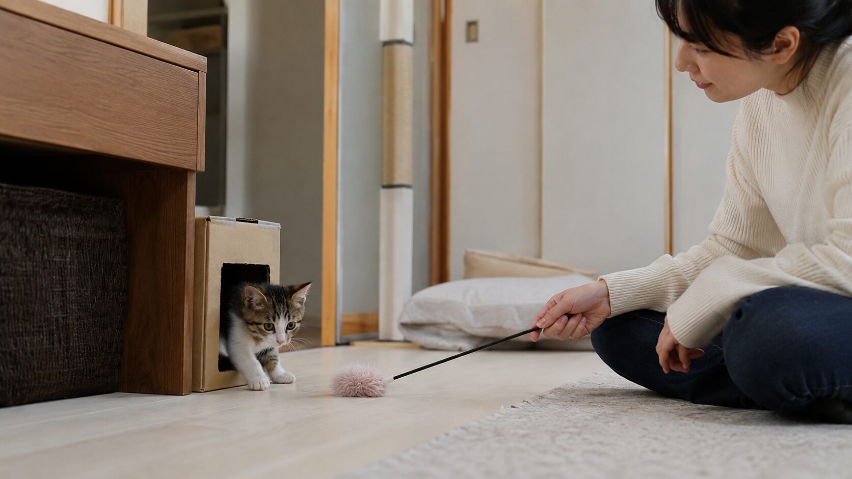 段ボールの隠れ家から出てきた子猫と、猫じゃらしで距離を保って遊ぶ日本人女性
