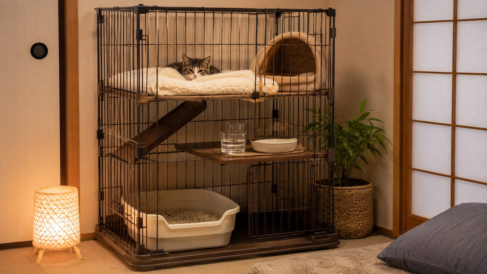 子猫を迎えた初日にケージ内へ寝床・水・トイレを分けて配置した安全な環境