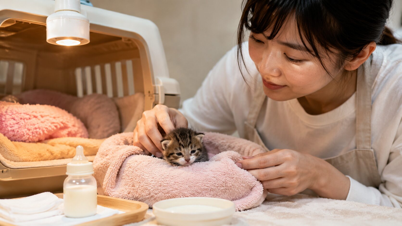 初日に子猫を保温しながらミルクとタオルでケアする日本人女性