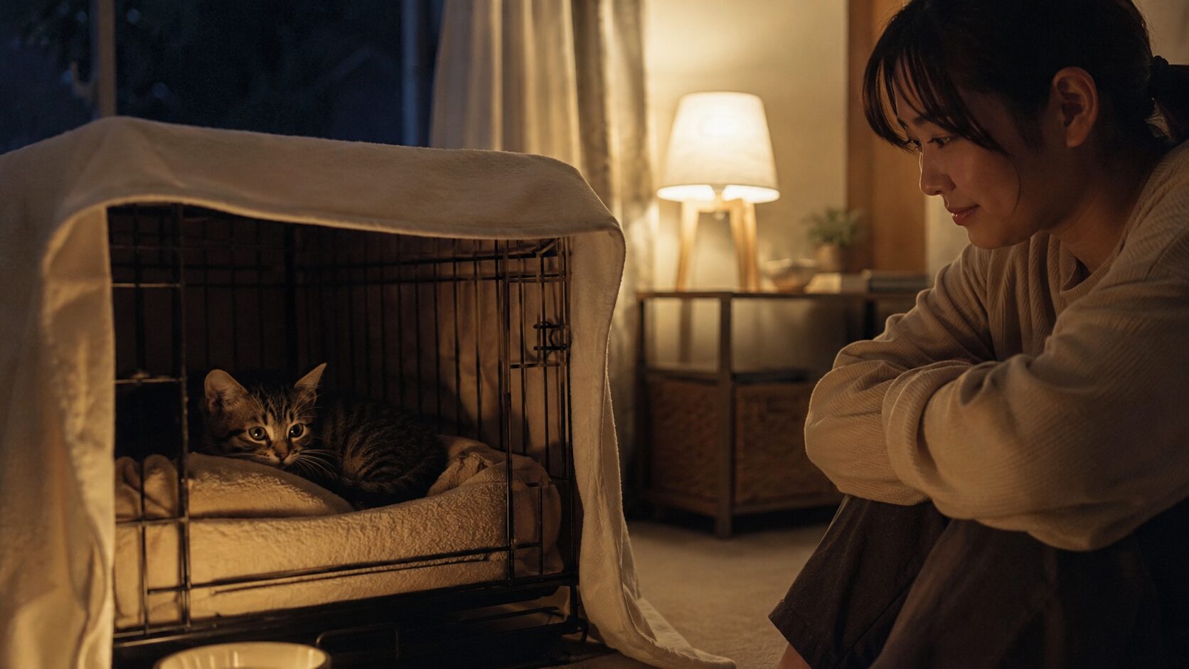 初日の夜に布をかけたケージで休む子猫を静かに見守る飼い主