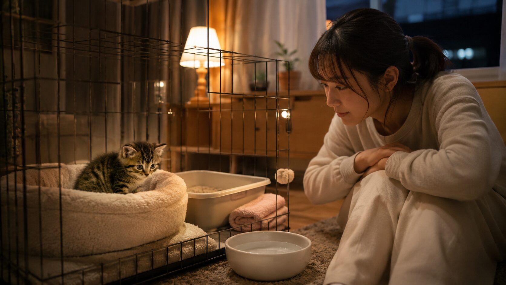 初日の夜鳴き対策としてケージで安心する子猫
