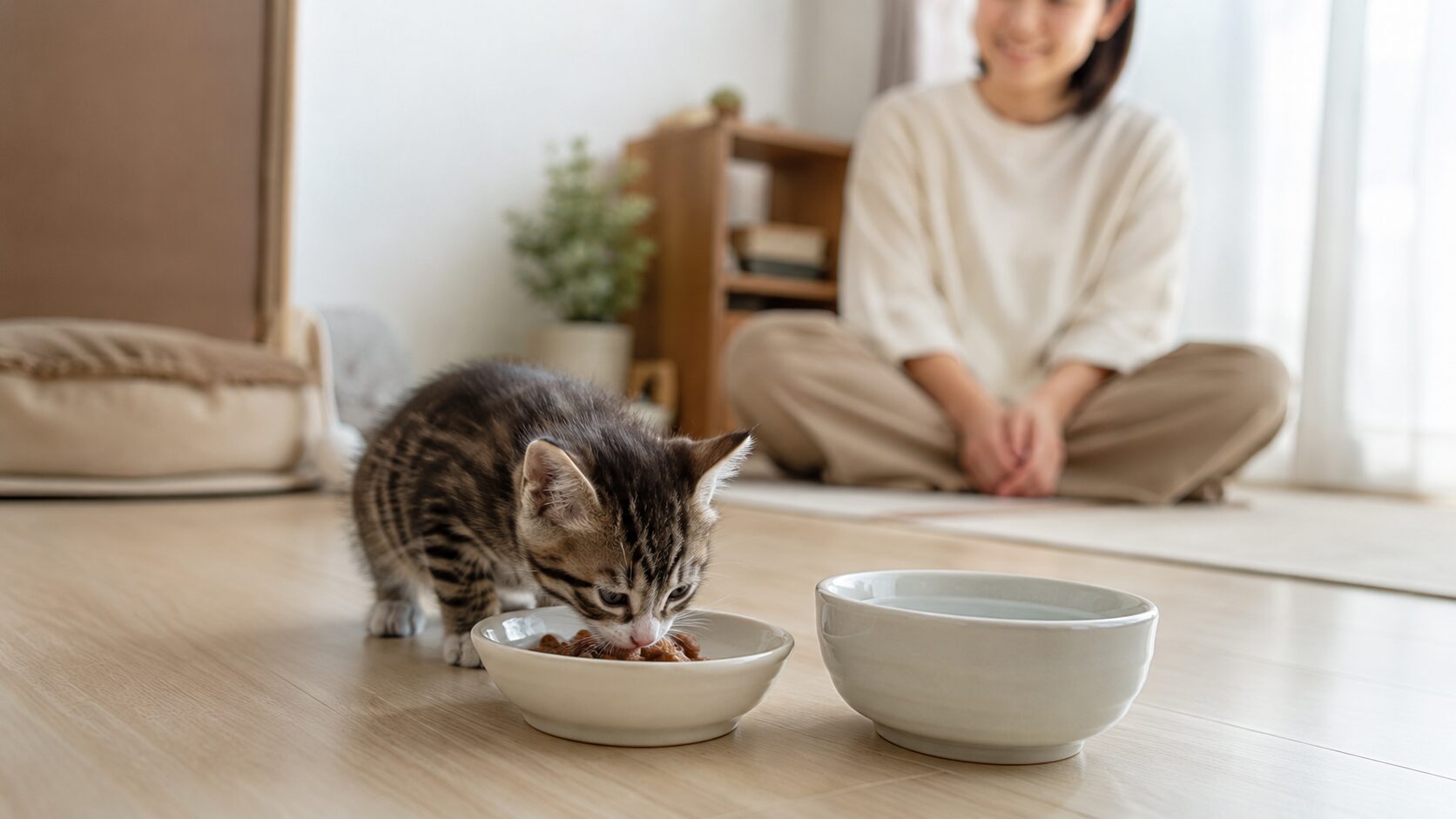 子猫を迎えて1週間のごはんと水の確認、落ち着いた部屋で少量を食べる子猫