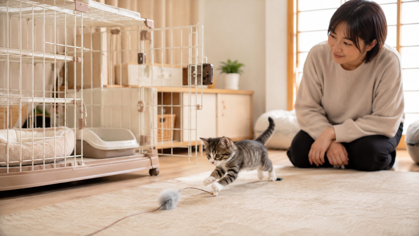ケージの外で子猫が遊び、日本人女性が見守る子猫のケージ慣れ練習