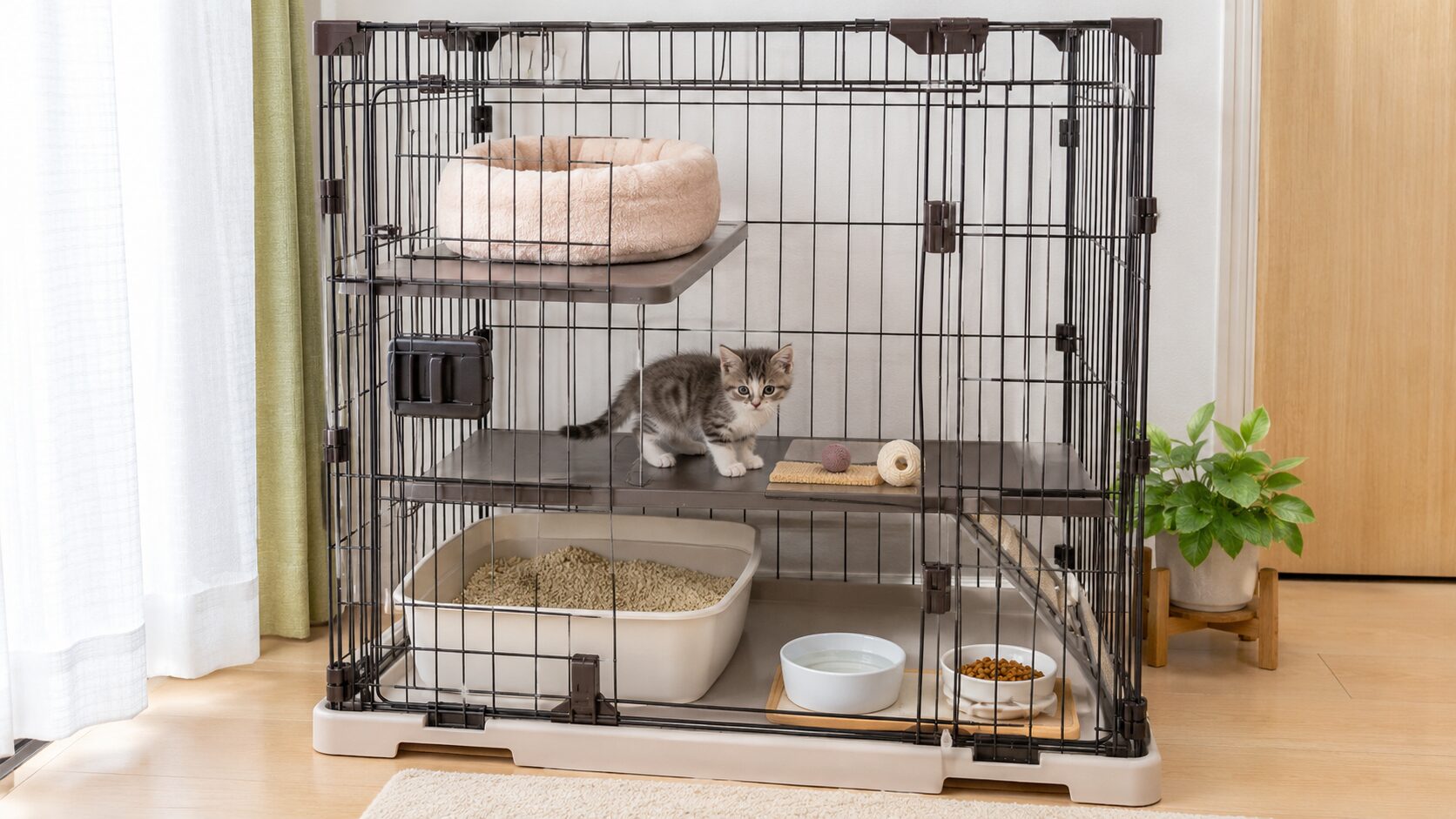 子猫の留守番に使う安全な多段ケージと寝床・水・ごはん・トイレの配置