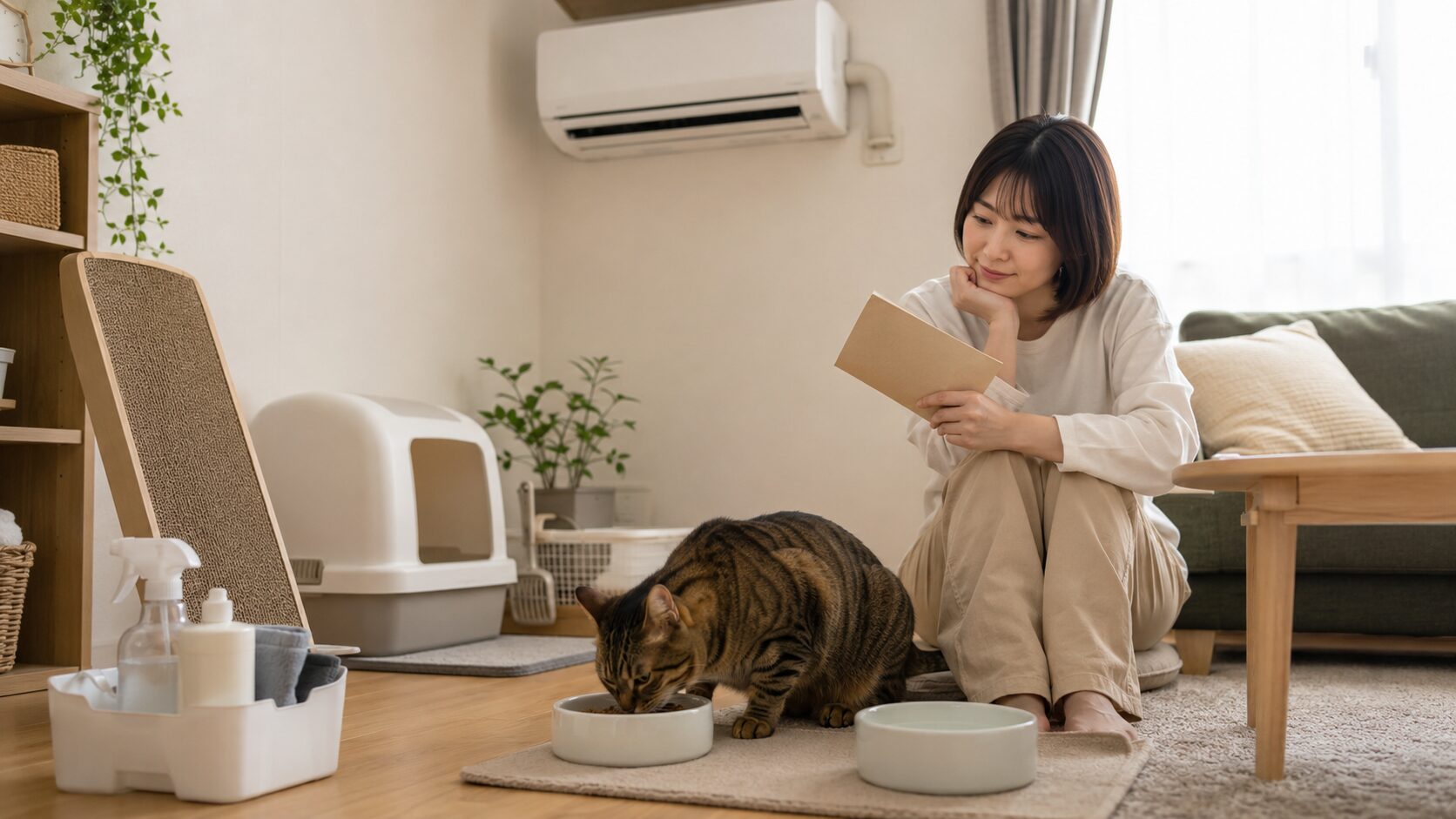一人暮らしの室内で、日本人女性が猫の食事を見守りながら毎月の飼育費用を考えている様子