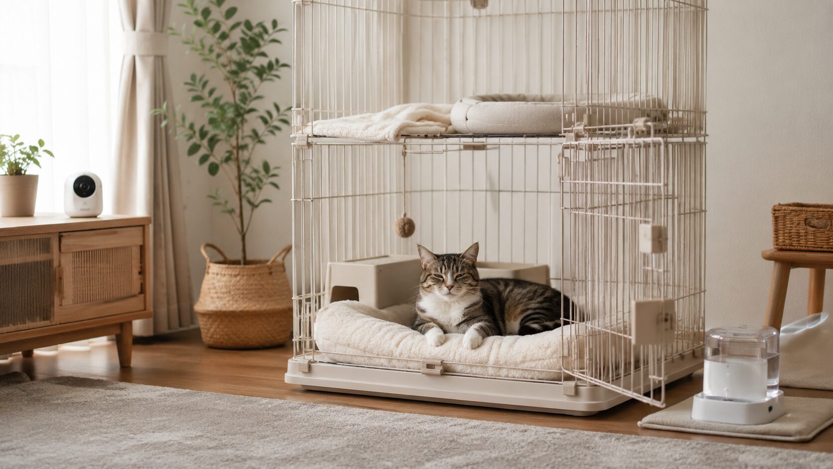 扉を開けた猫ケージで成猫がくつろぐ安心できる休憩スペース