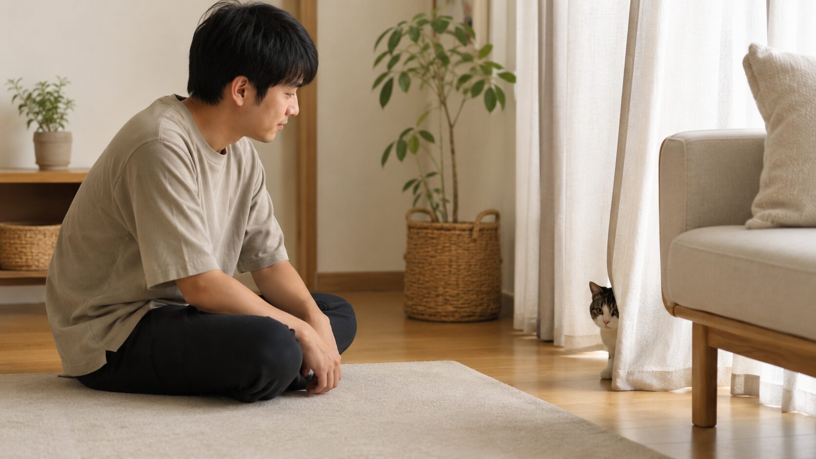 カーテンの陰に隠れる猫を、距離を保って静かに見守る日本人男性