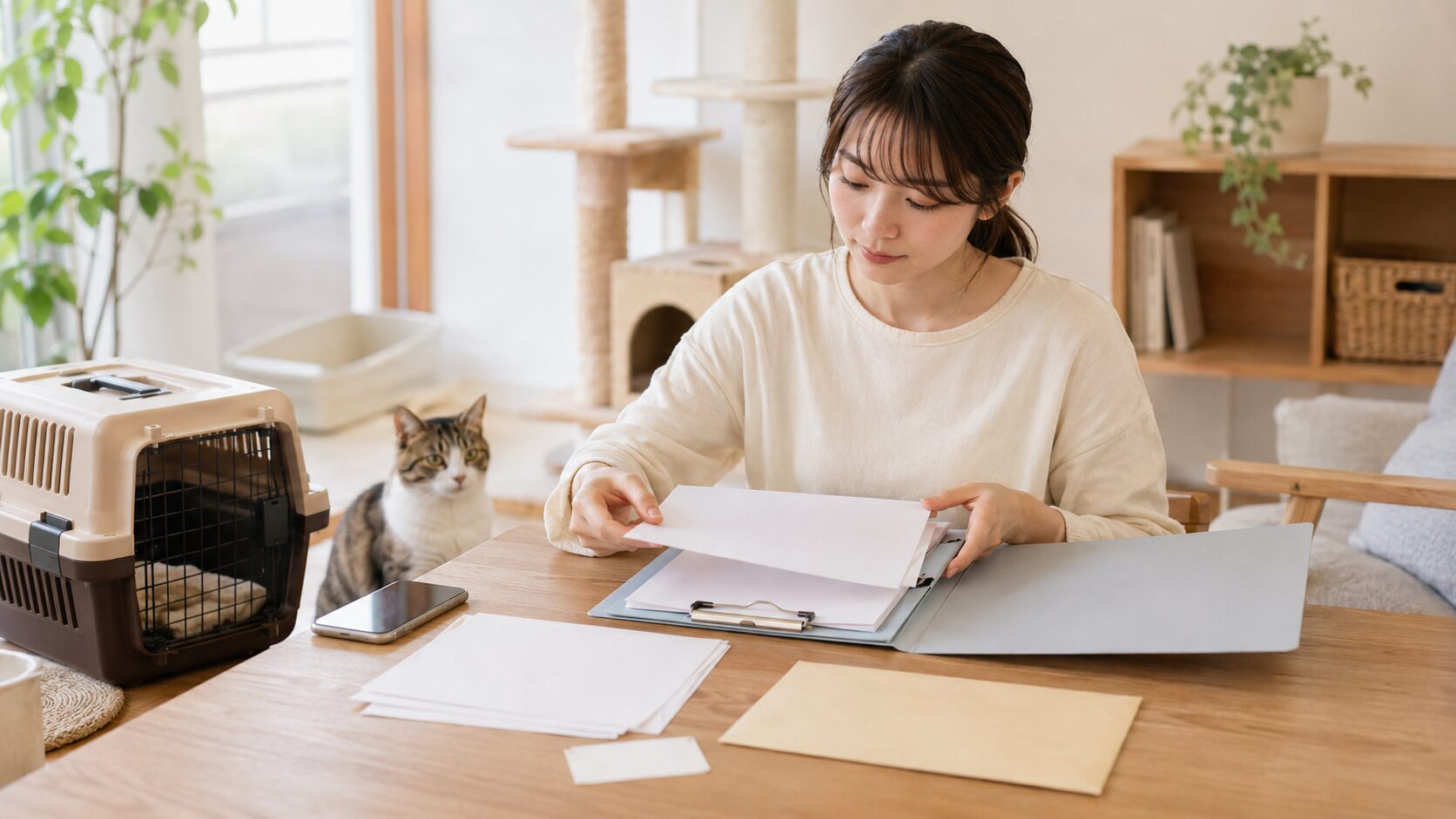 保護猫の譲渡審査前に必要書類を準備し、猫可物件や後見人情報を確認する一人暮らしの日本人女性