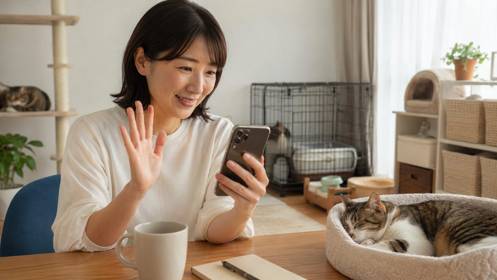 保護猫の後見人や緊急時の協力者について、スマホで相談する日本人女性と眠る猫