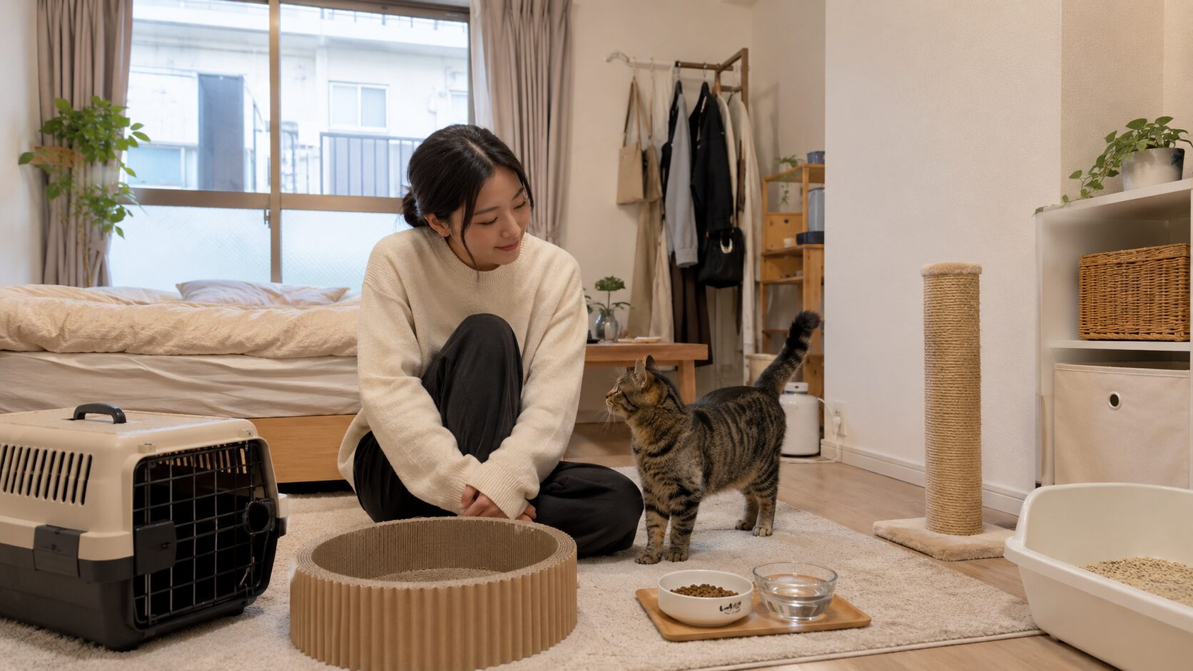 一人暮らしの部屋で保護猫を迎えるために、キャリーやトイレ、爪とぎなどを準備して猫と向き合う日本人女性