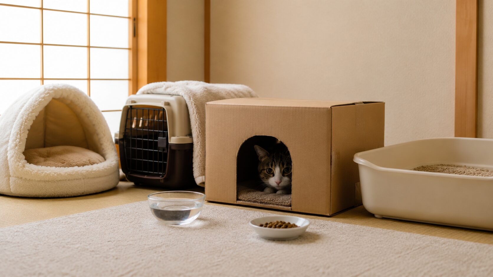 段ボール箱やキャリーを使って猫が安心できる隠れ家を整えた室内環境