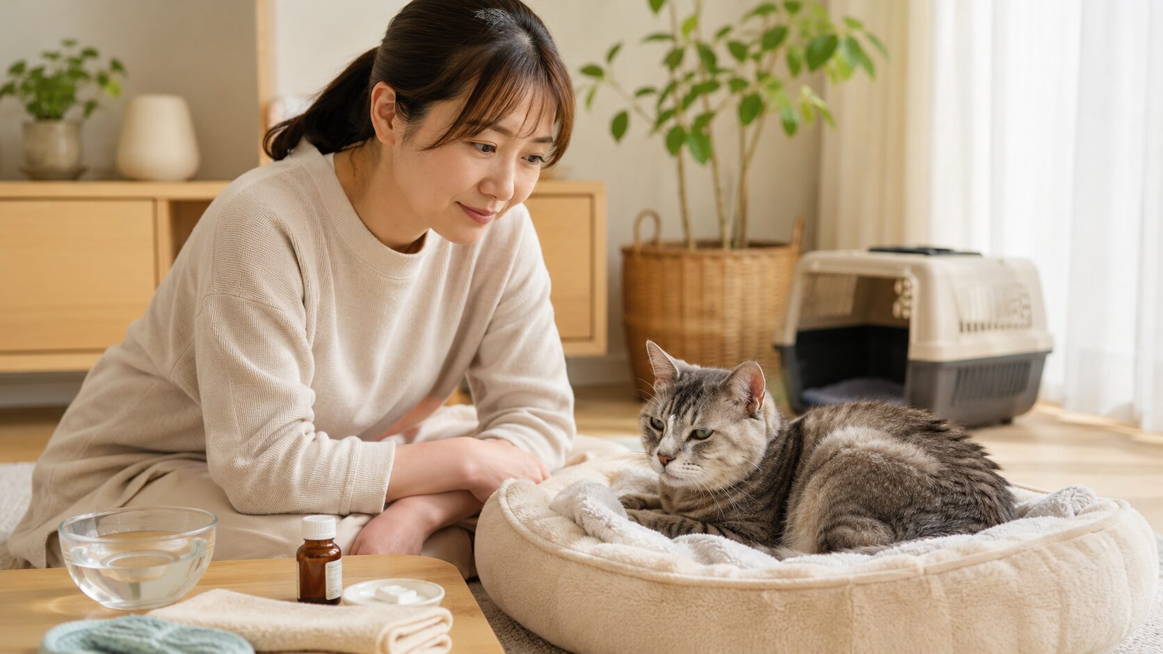 シニア猫の健康管理と医療費の備えを考える日本人女性