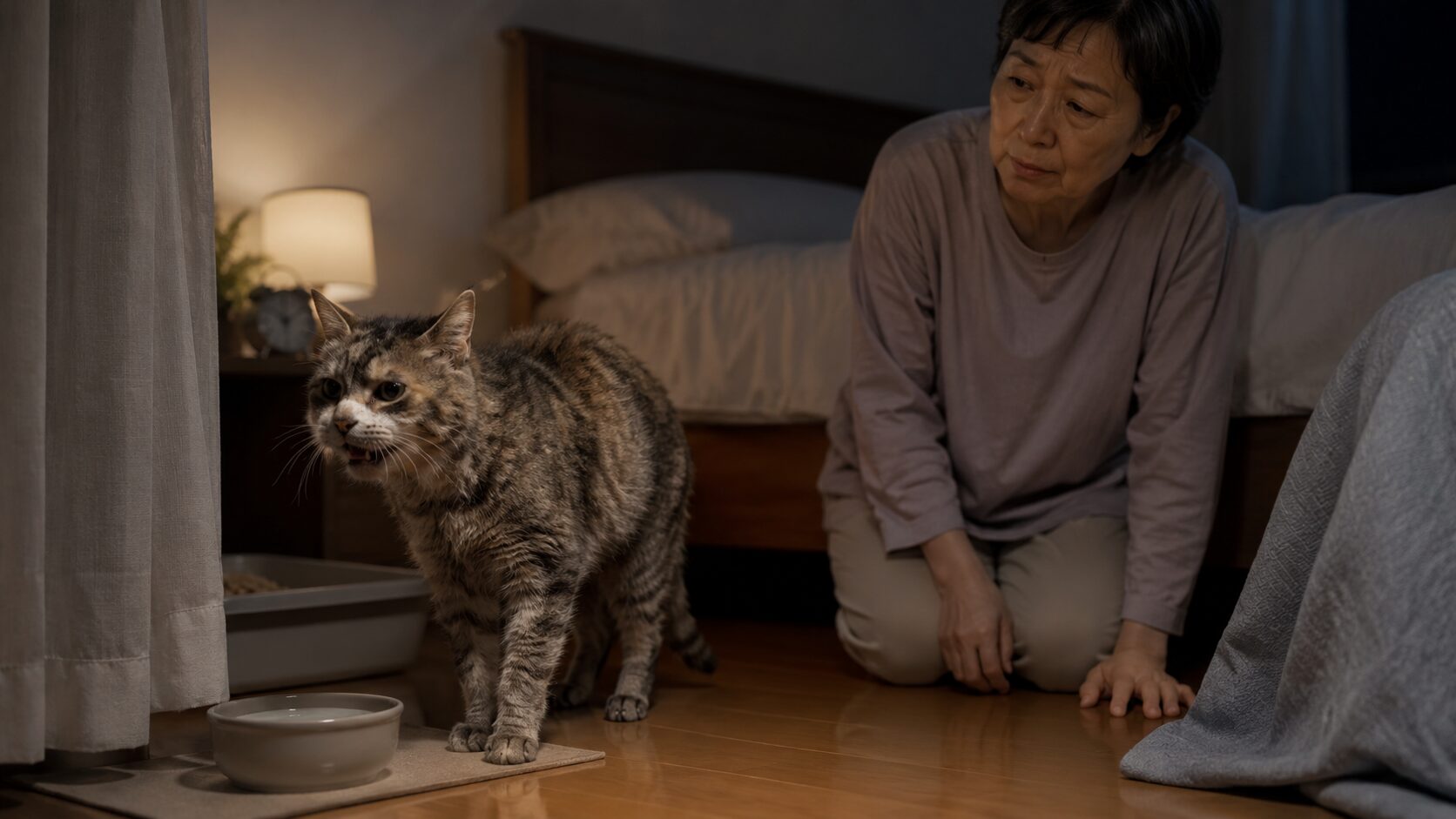 老猫の夜鳴きと体調変化を心配して見守る飼い主