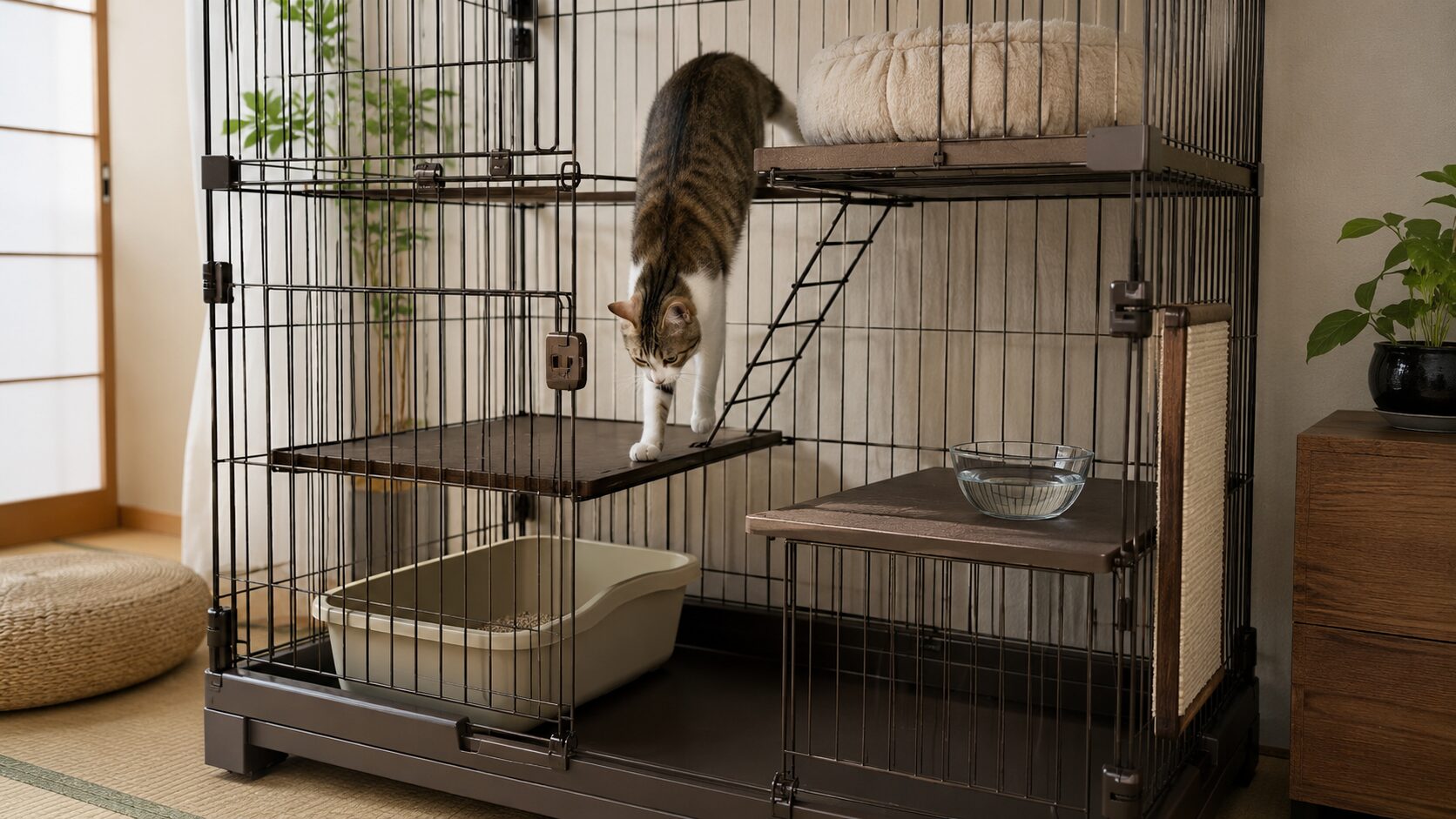 2段猫ケージでトイレと寝床を分け、猫が上下移動できるレイアウト