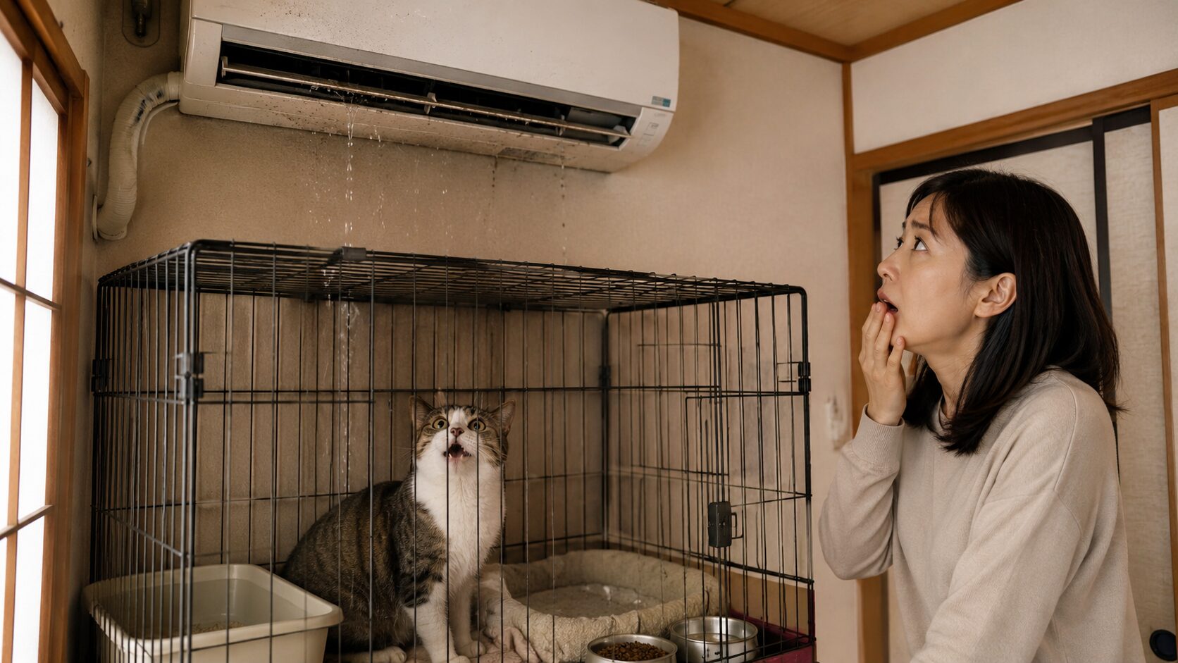 エアコンの水漏れが猫ケージに落ち、猫の寝床や水皿を汚す危険性を示す注意画像