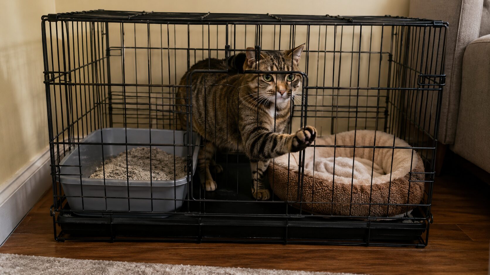 狭いケージの中で猫が前足を出して落ち着かない様子。12時間ケージのストレスリスク