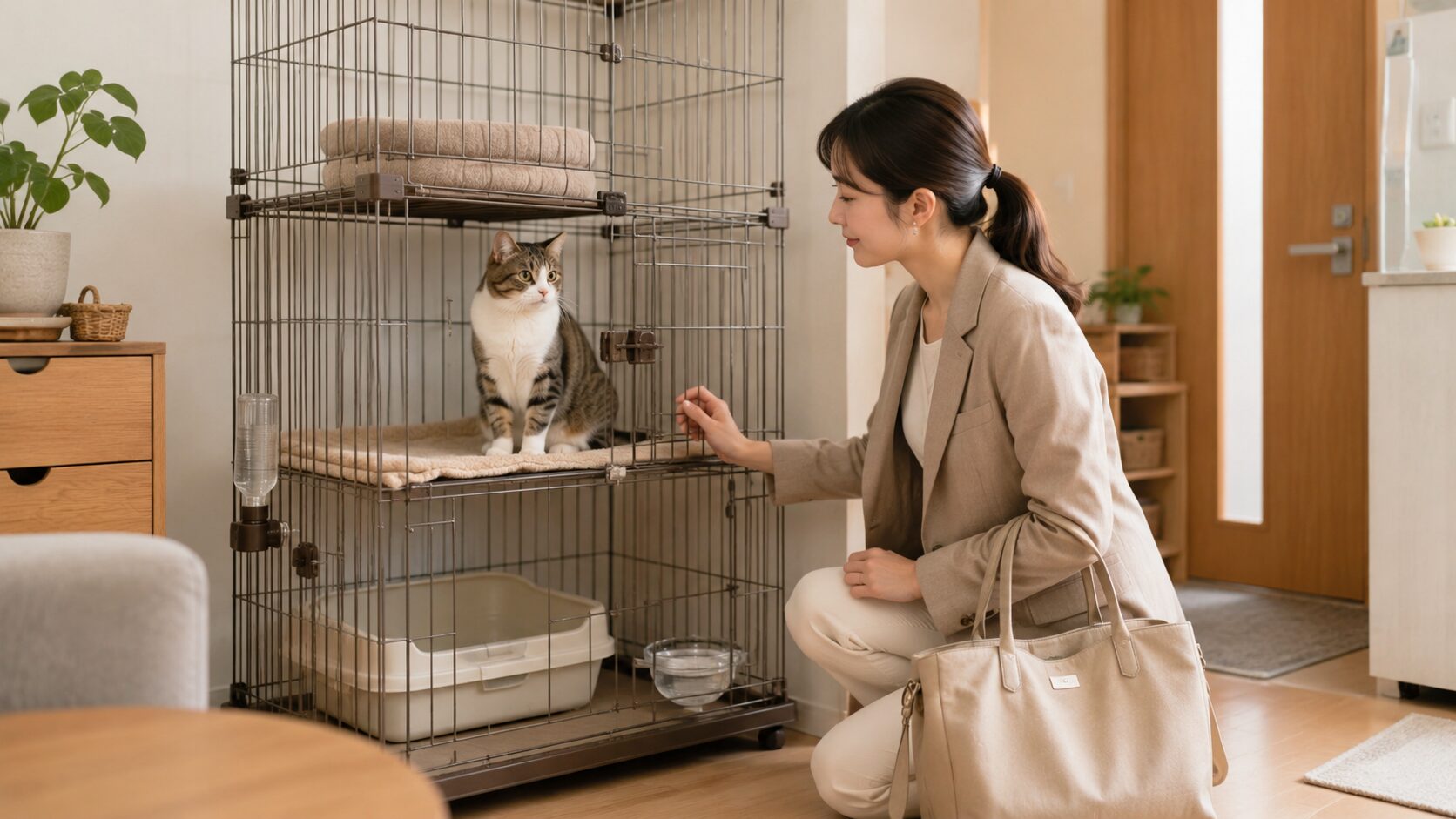 出勤前に日本人女性が猫のケージ内の水やトイレを確認する様子。仕事中の猫ケージ対策