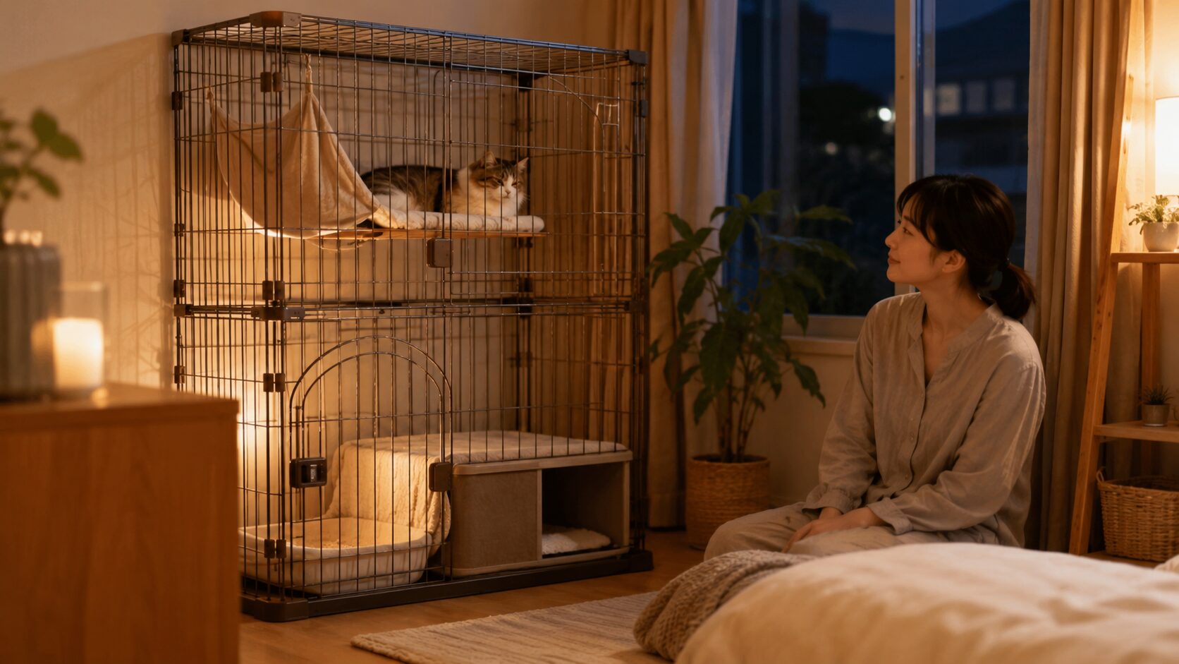 夜の室内で猫がケージ内で静かに休み、日本人女性が見守る様子。夜ケージの安全な使い方