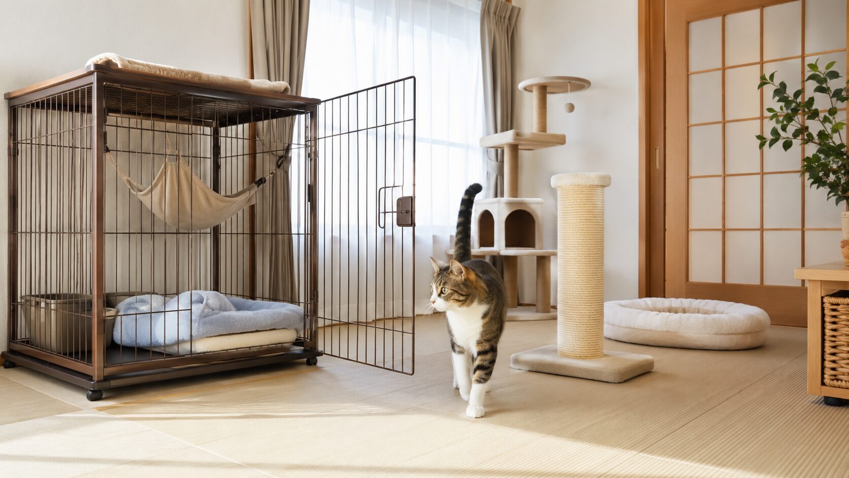扉を開けたケージのそばで猫が部屋を自由に歩く様子。一部屋フリーと安全基地の作り方