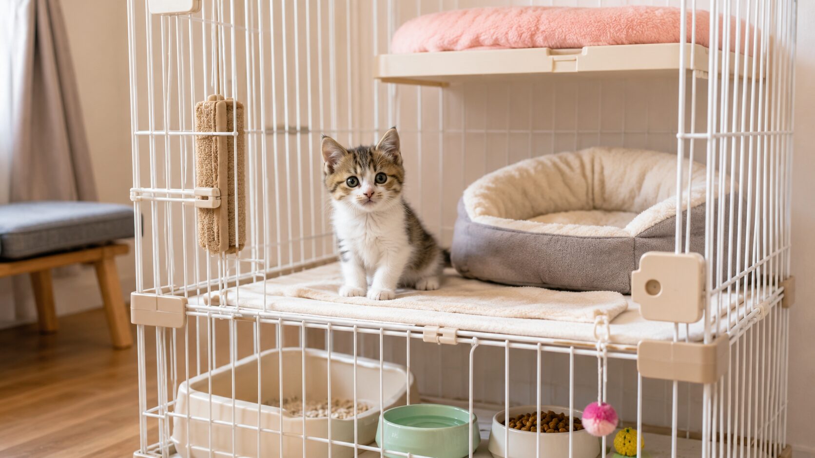 子猫が清潔なケージ内で安心して過ごす様子。子猫のケージ時間と安全な環境づくり
